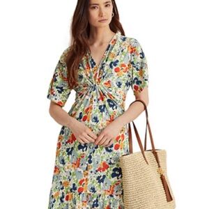 Lauren Ralph Lauren Women's Linen Blend Midi Floral Dress w/ Front Knot Sz Large